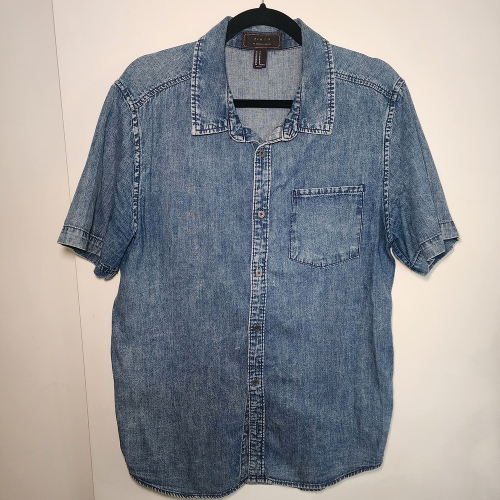 21 Men Denim Shirt Mens Size M Blue Excellent Acid Wash Short Sleeve Button Up